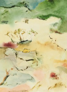 Watercolor abstract landscape painting, soft yellows and greens, mountain face and trees.Mountain Face-Full Sunlight, 22x30