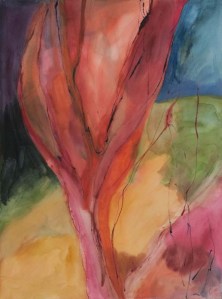 Vertical format watercolor abstract tree shape. deep reds, mauve, and greeen/blue background. Red Tree Energy, 22x30