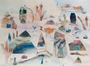 Abstract Collage, sticks, paper, torn shapes. Blues, oranges, tans, soft yellow. Chaco Canyon, 30x22