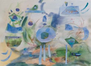 Abstract collage on watercolor paper, blues, greens, playful figurative image. Arrival - Blue Being, 30x22