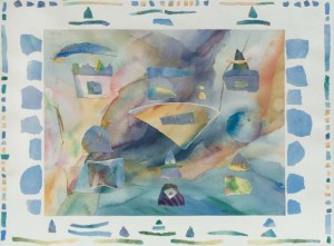 Watercolor abstract collage, blues, yellows, triangular shapes, border. Shaman Dwelling, 30x22
