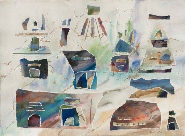 Abstract watercolor collage, blues, rusts, and brown. Torn paper, sticks, and beads. Pueblos, 30x22