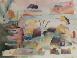 Watercolor abstract collage, pinks, yellows, teepees, huts, and houses. Village Sunrise, 30x22