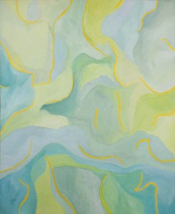 Large abstract acrylic, blues, greens, soft yellows Earthlight, 48x59