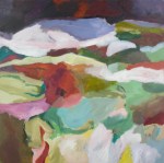 Medium sized acrylic landscape, whites, greens, purples adjacent colors Iceland, 36x36