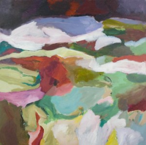 Medium sized acrylic landscape, whites, greens, purples adjacent colors Iceland, 36x36