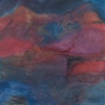 Medium sized abstract acrylic landscape, dark blues and purples Two Hills-Red and Blue, 36x36