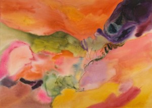 Abstract watercolor painting, strong landscape inspired composition, vibrant oranges, greens, and pinks. Push, 30x22
