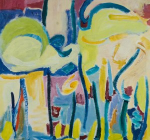 Small abstract acrylic, blues, greens, mauves, yellows Brubeck, 20.5x19.5