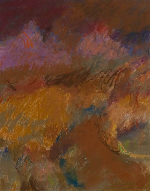 Small abstract pastel drawing, landscape with browns, purples, and rusts. Brown with Two Hills, 14x16.5