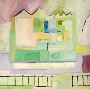 Large abstract, lime greens, mauve, and blue house shape, fence and sidewalk Open House, 48x48