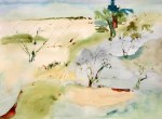 Watercolor wet on wet abstract landscape, soft blues, greens, yellows. Vineyard, 30x22