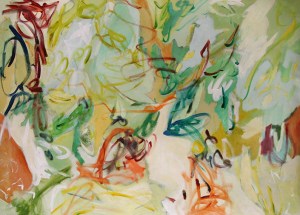 Large abstract landscape, broad strokes with overlay of thin line work Green and Yellow, 65x48