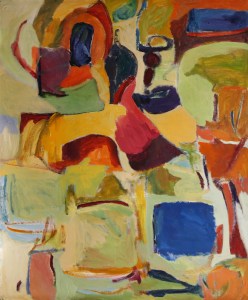 Large abstract acrylic, geometric, oranges, blues, yellows Blue Square, 36x44